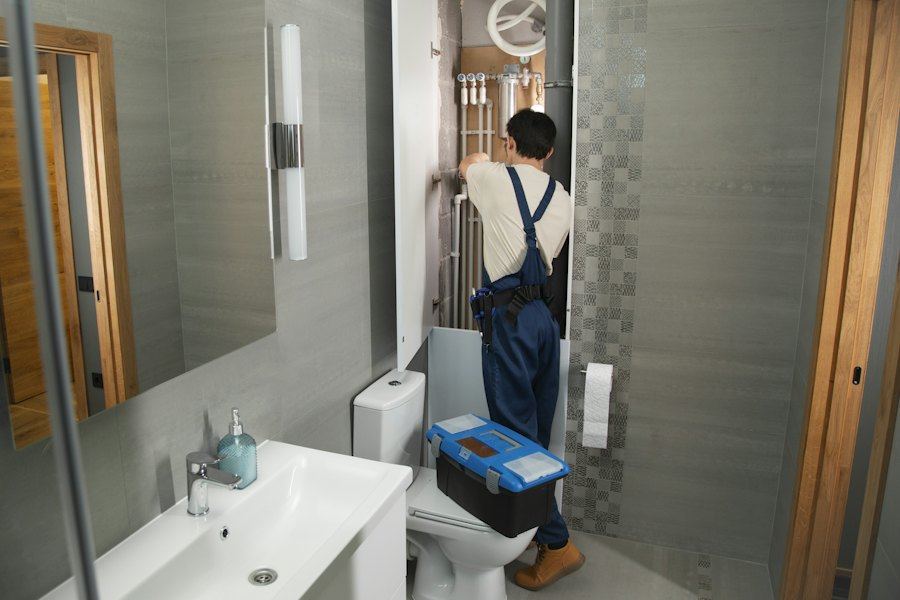 Gasfíter trabajando en el baño de una casa, gasfitería a domicilio
